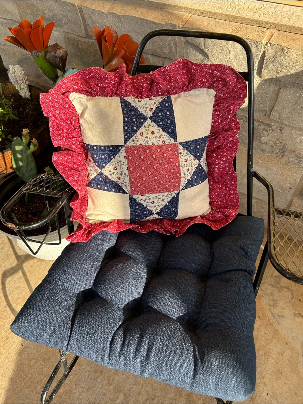 Handmade Patchwork Throw Pillow with Red Ruffle